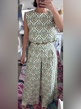 FARM Rio Green and Cream Wide-Leg Printed Pants